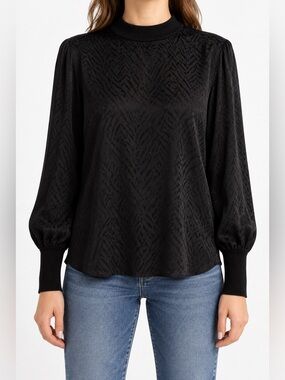 Rag & bone Letti Black Jacquard Minimalist Mock Neck Long Sleeve Blouse S NWT